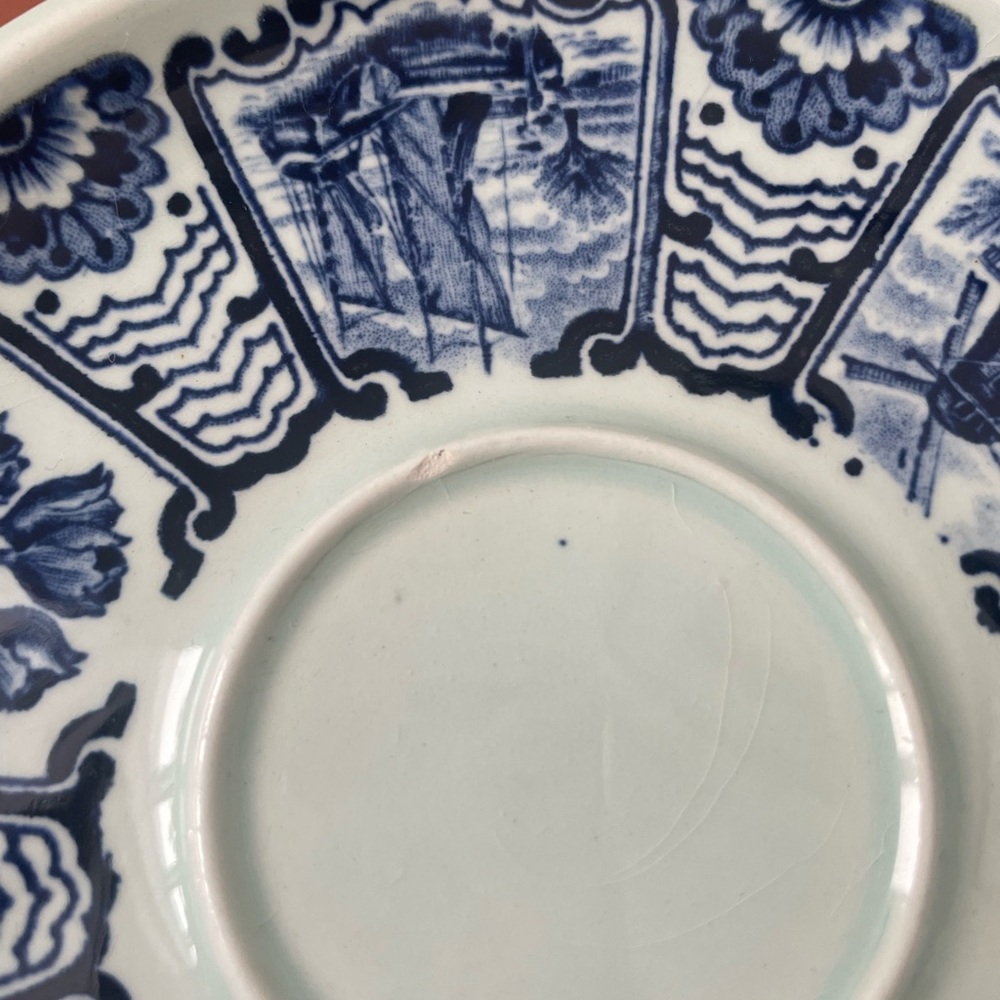 Belgian Delft Boch Old Dutch Blue & White Floral Coffee Teacups and Saucer Set - Picture 11 of 12